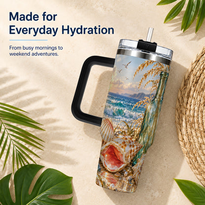 #pl[40oz|Black] Gem Style Seashell 40oz Tumbler with Handle, Coastal Travel Cup