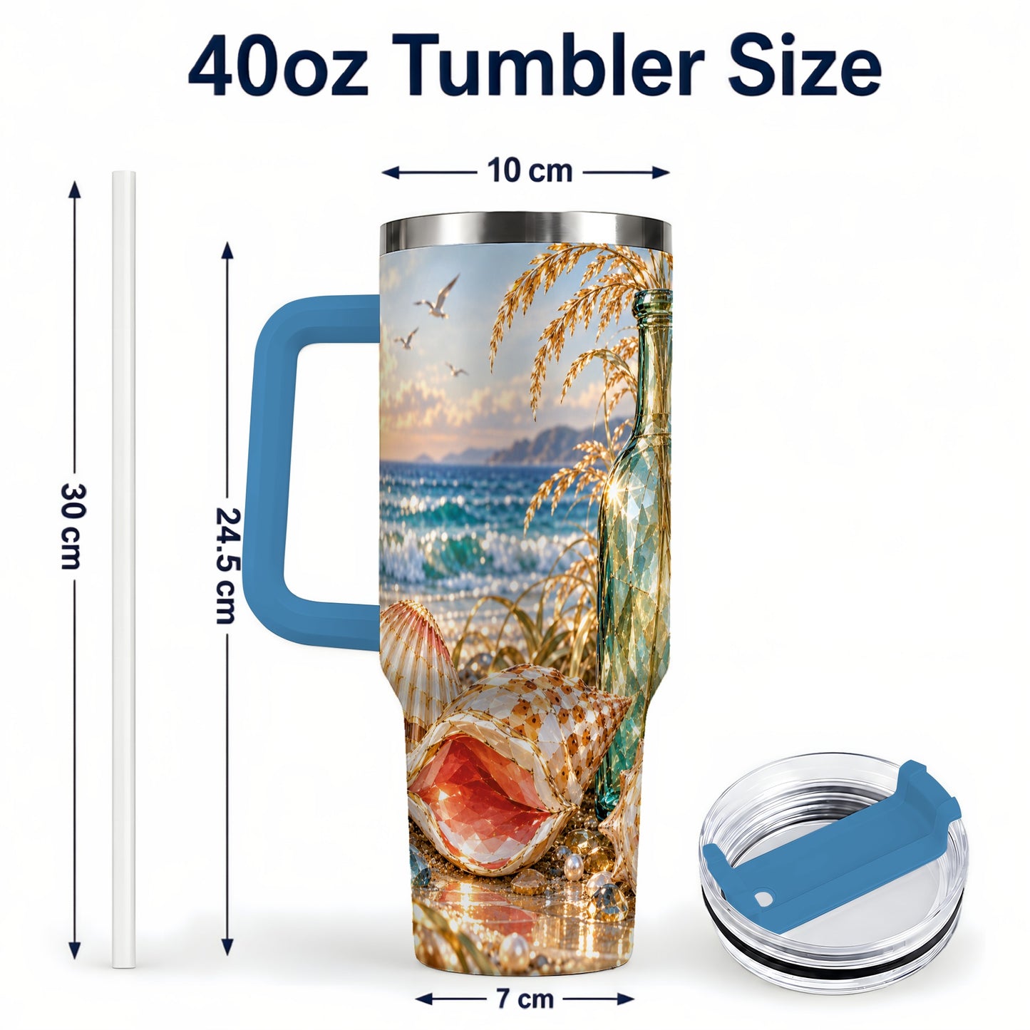 #pl[40oz|Blue] Gem Style Seashell 40oz Tumbler with Handle, Coastal Travel Cup