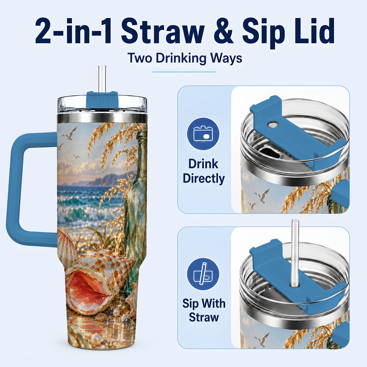 #pl[40oz|Blue] Gem Style Seashell 40oz Tumbler with Handle, Coastal Travel Cup
