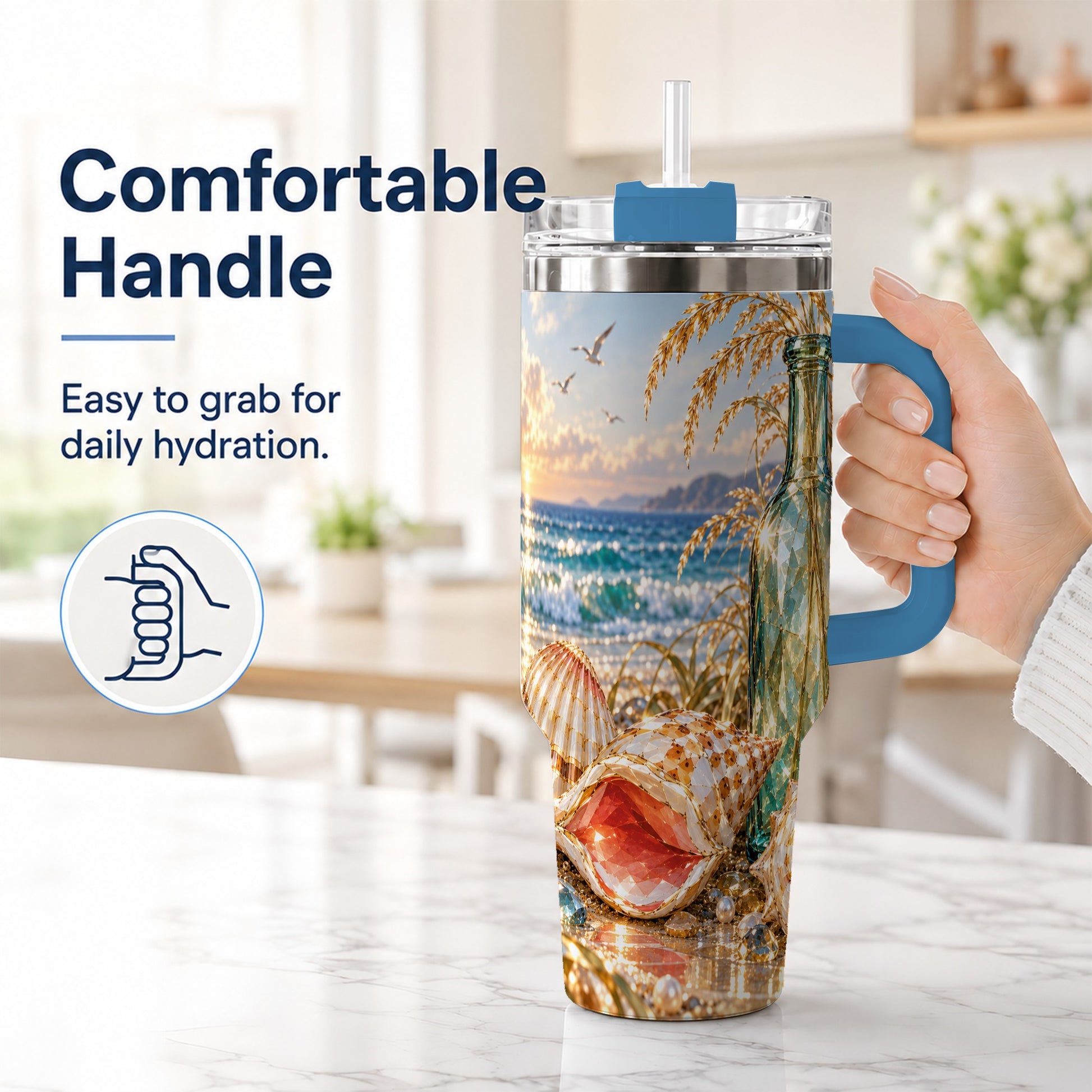 #pl[40oz|Blue] Gem Style Seashell 40oz Tumbler with Handle, Coastal Travel Cup