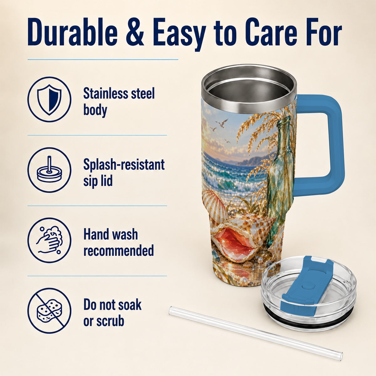#pl[40oz|Blue] Gem Style Seashell 40oz Tumbler with Handle, Coastal Travel Cup