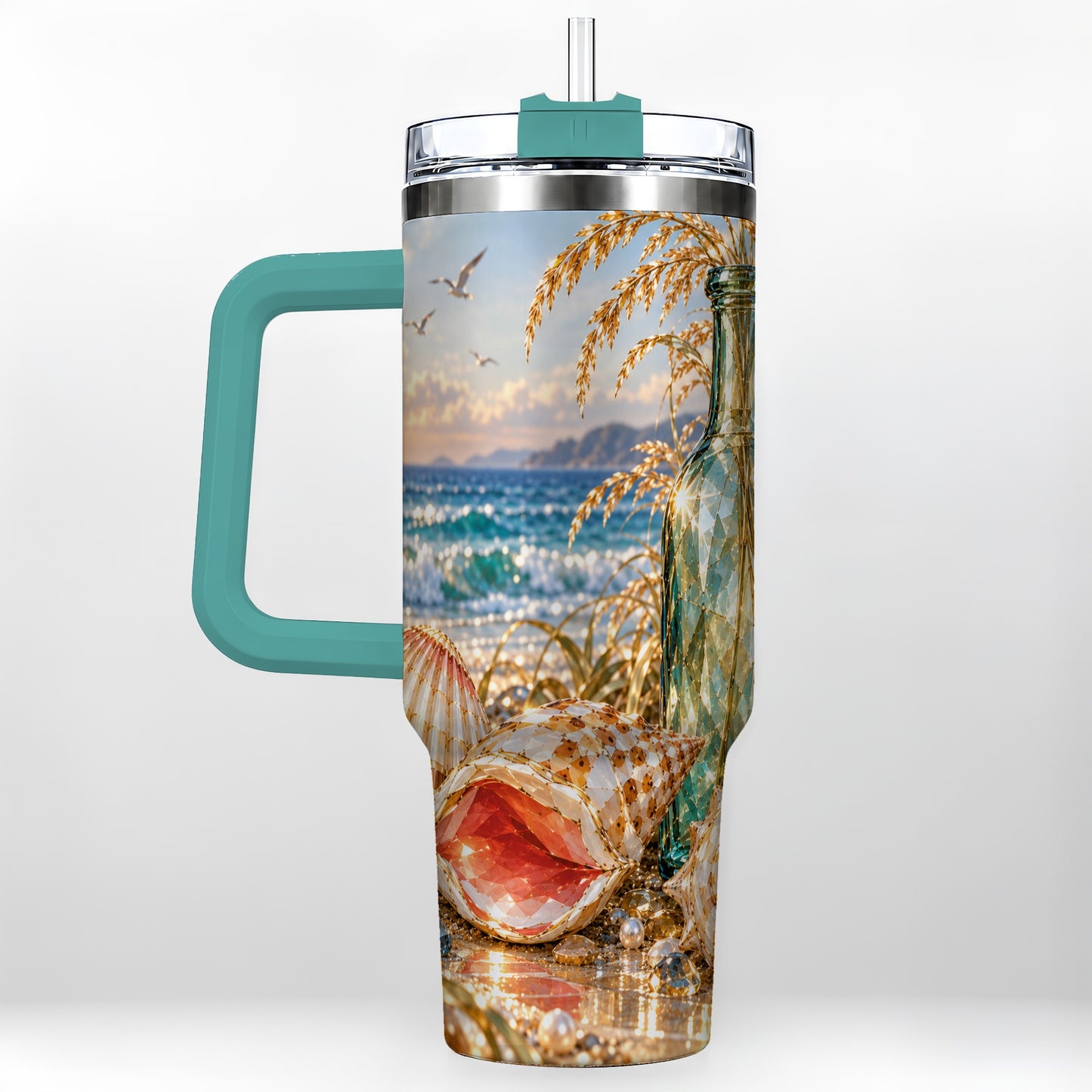 #pl[40oz|Green] Gem Style Seashell 40oz Tumbler with Handle, Coastal Travel Cup