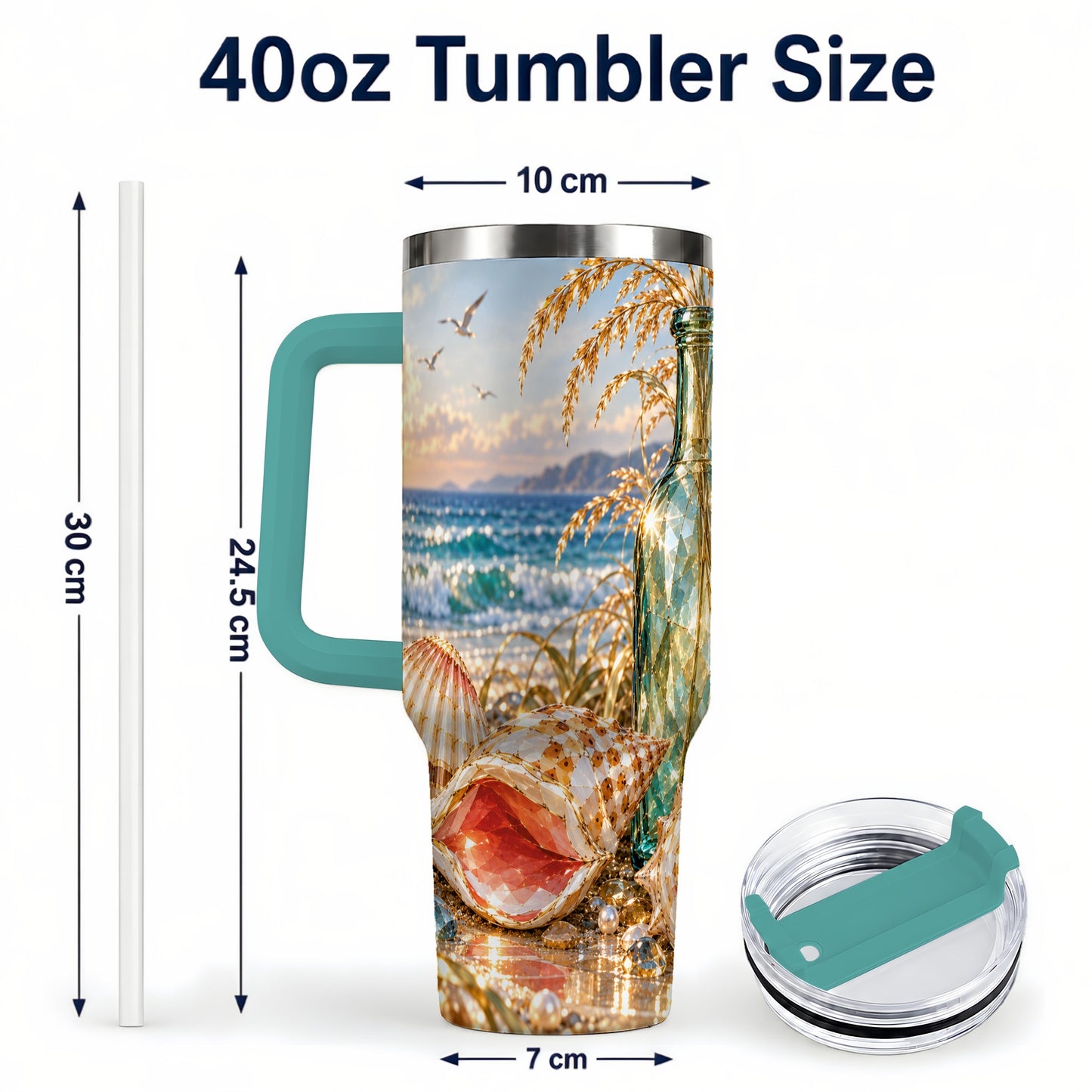 #pl[40oz|Green] Gem Style Seashell 40oz Tumbler with Handle, Coastal Travel Cup