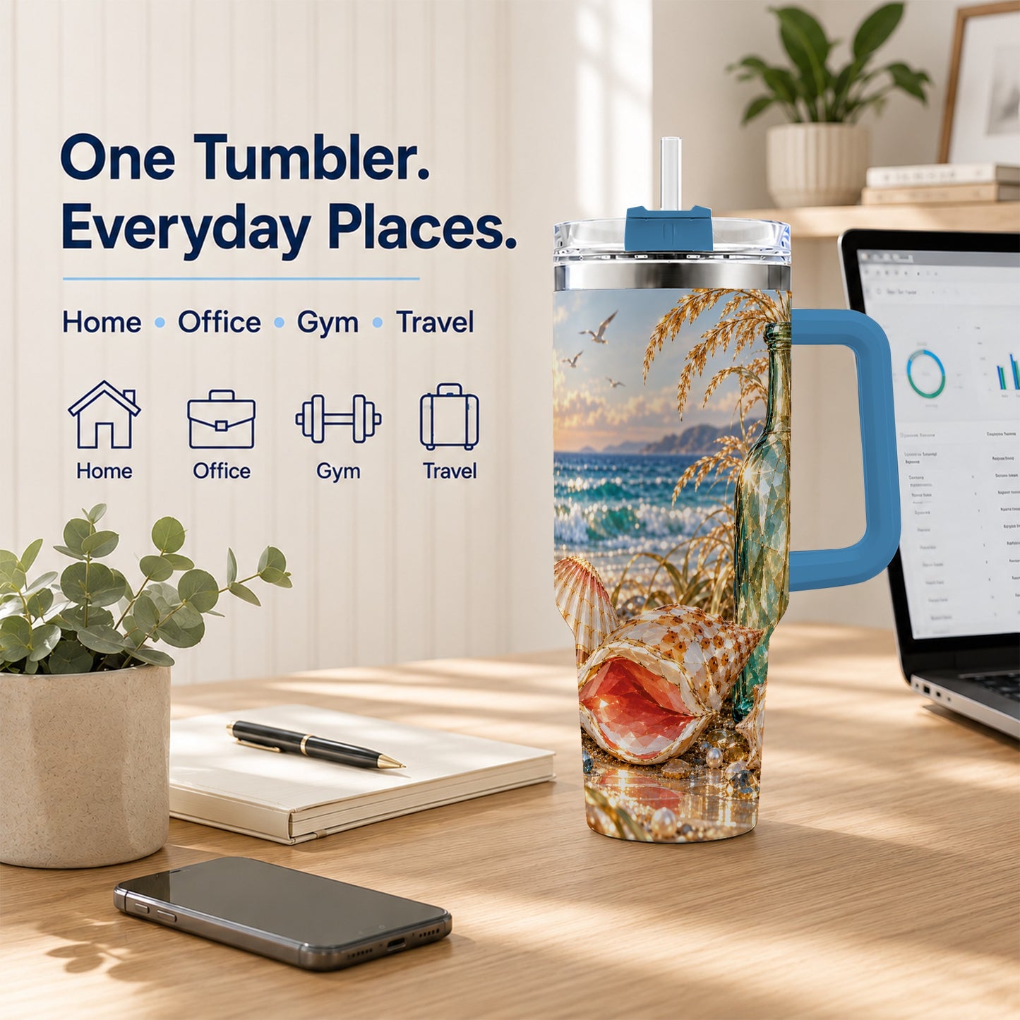 #pl[40oz|Blue] Gem Style Seashell 40oz Tumbler with Handle, Coastal Travel Cup