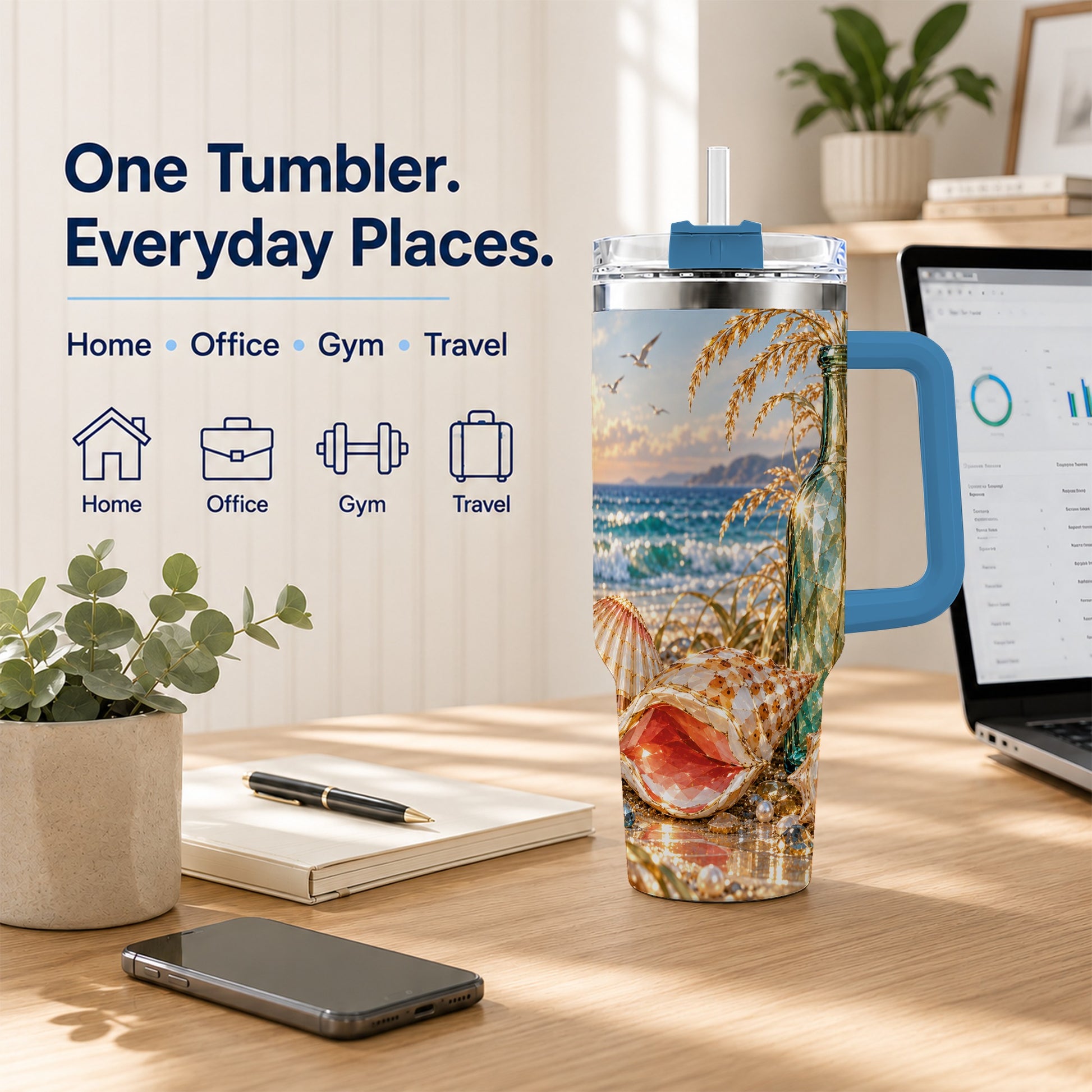 #pl[40oz|Blue] Gem Style Seashell 40oz Tumbler with Handle, Coastal Travel Cup