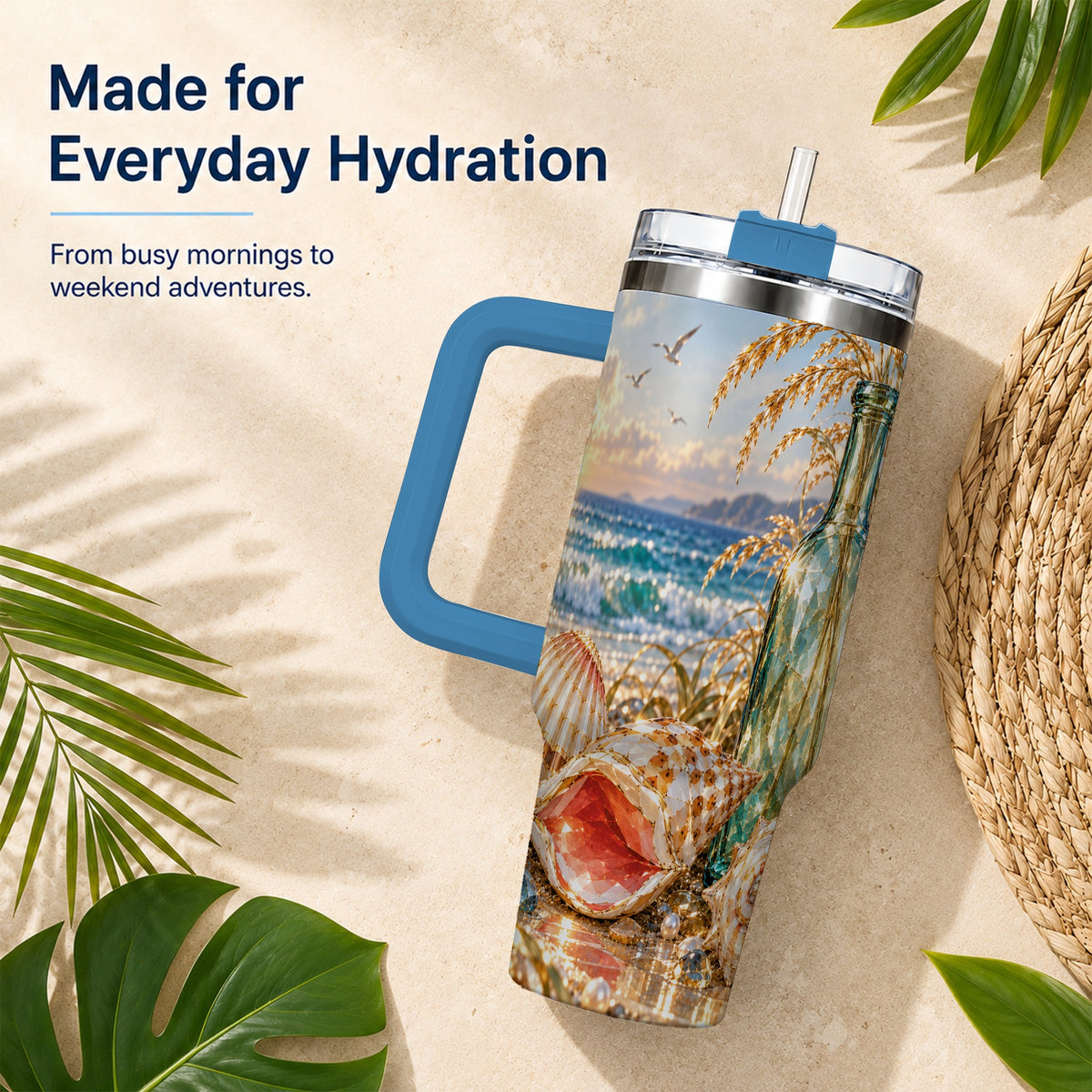 #pl[40oz|Blue] Gem Style Seashell 40oz Tumbler with Handle, Coastal Travel Cup
