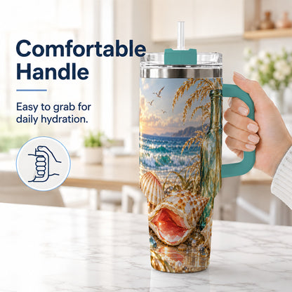 #pl[40oz|Green] Gem Style Seashell 40oz Tumbler with Handle, Coastal Travel Cup