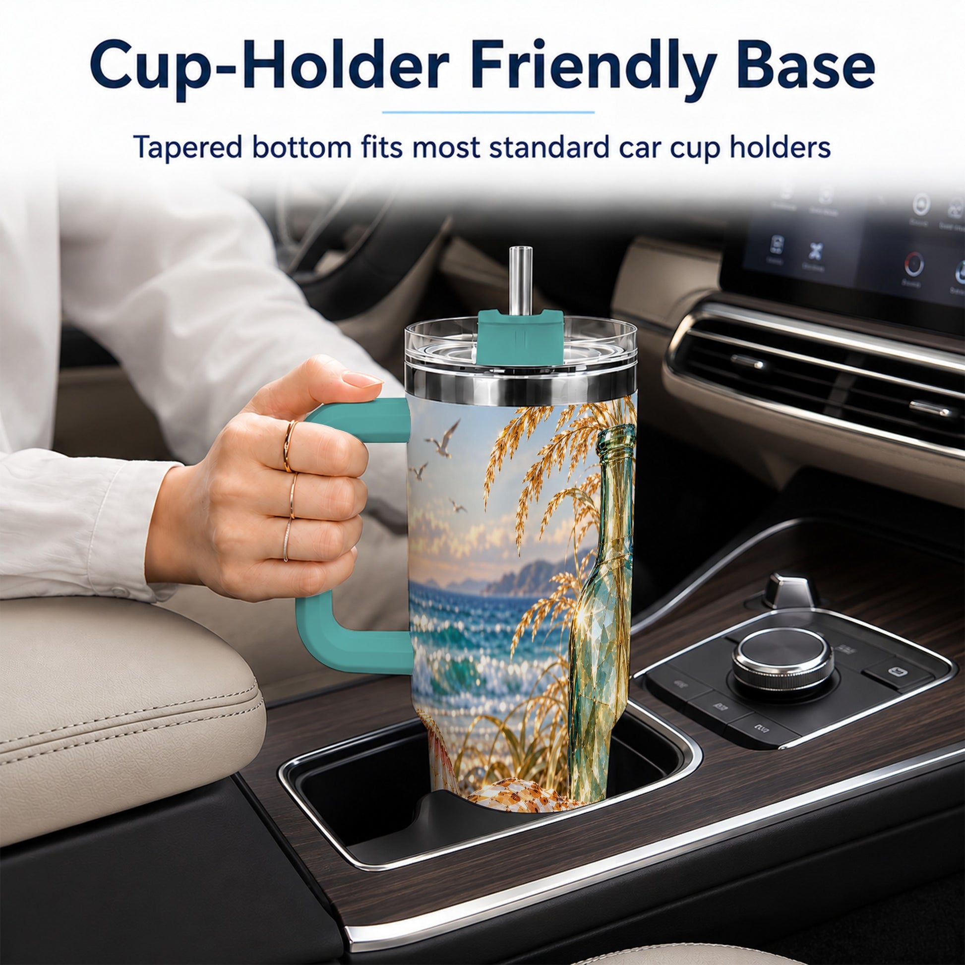 #pl[40oz|Green] Gem Style Seashell 40oz Tumbler with Handle, Coastal Travel Cup