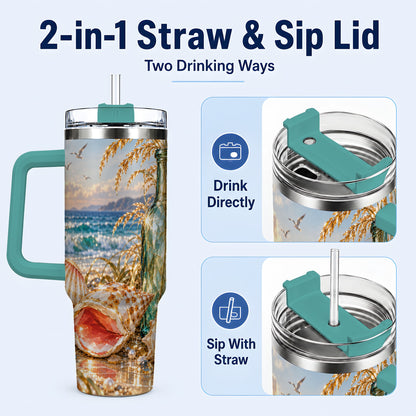 #pl[40oz|Green] Gem Style Seashell 40oz Tumbler with Handle, Coastal Travel Cup