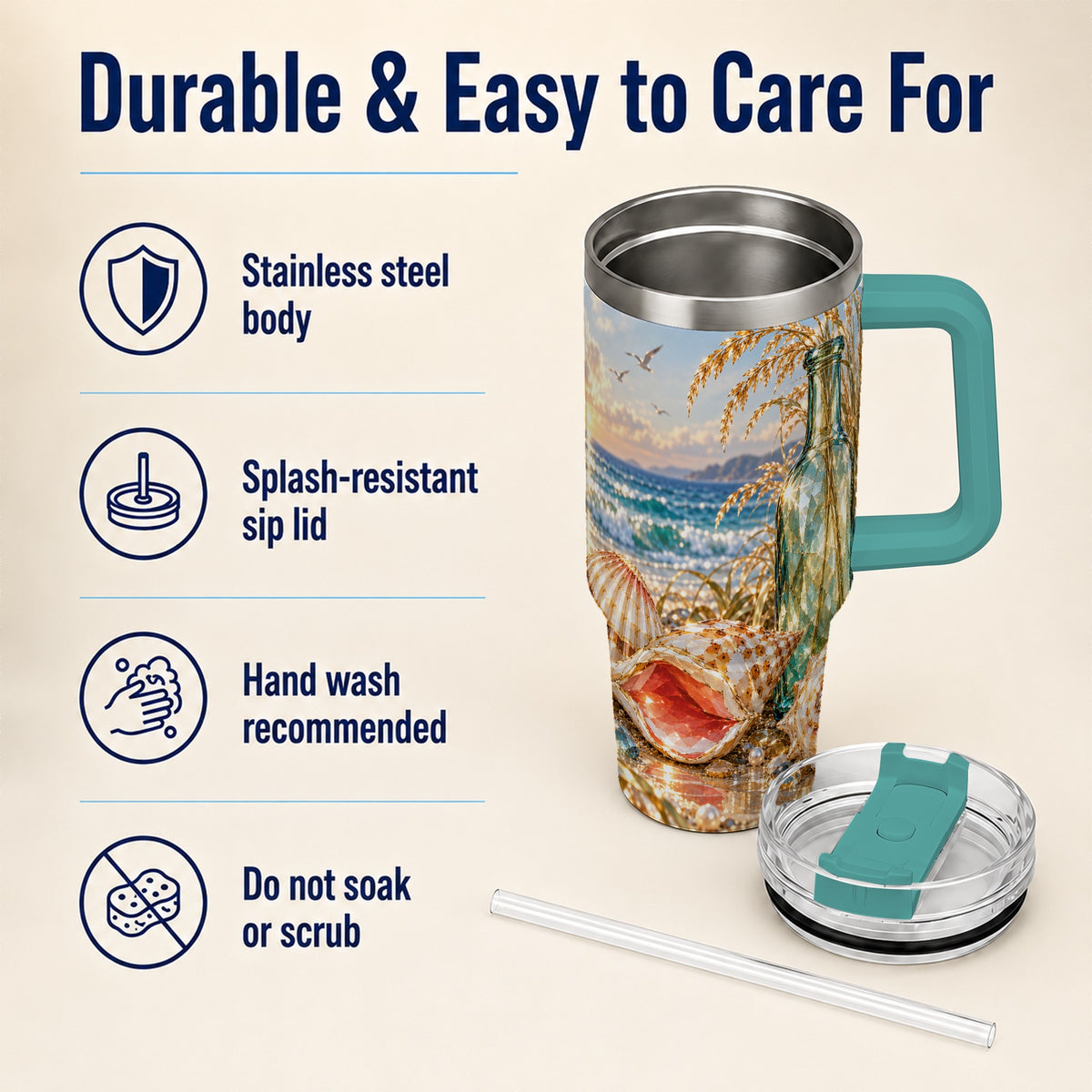 #pl[40oz|Green] Gem Style Seashell 40oz Tumbler with Handle, Coastal Travel Cup