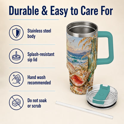 #pl[40oz|Green] Gem Style Seashell 40oz Tumbler with Handle, Coastal Travel Cup