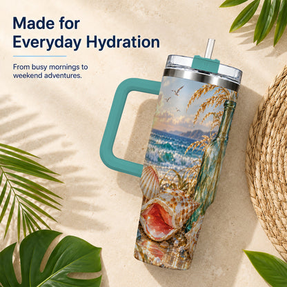 #pl[40oz|Green] Gem Style Seashell 40oz Tumbler with Handle, Coastal Travel Cup