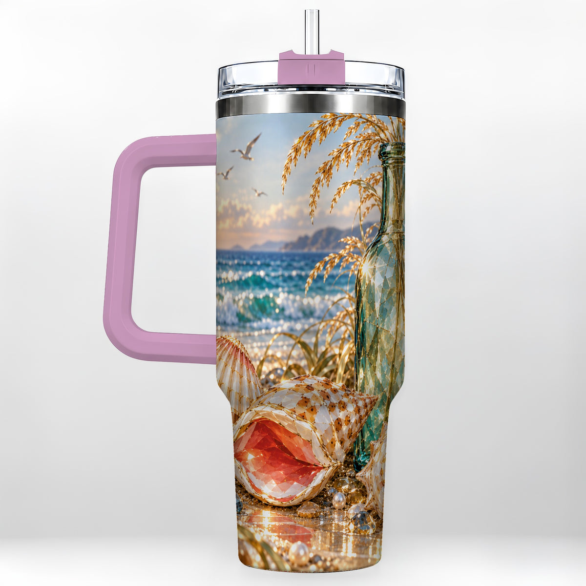 #pl[40oz|Pink] Gem Style Seashell 40oz Tumbler with Handle, Coastal Travel Cup