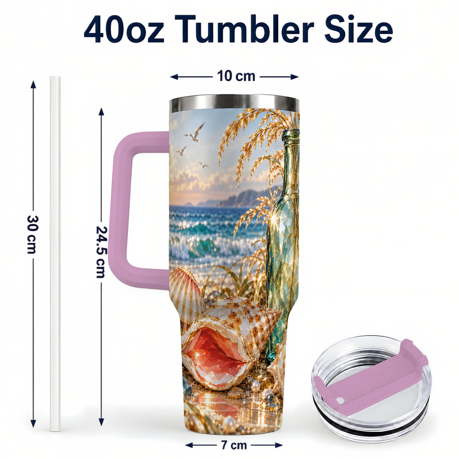 #pl[40oz|Pink] Gem Style Seashell 40oz Tumbler with Handle, Coastal Travel Cup