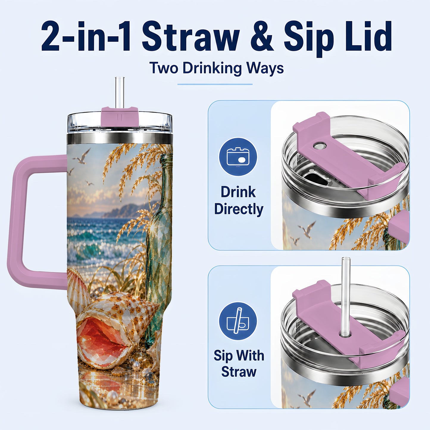 #pl[40oz|Pink] Gem Style Seashell 40oz Tumbler with Handle, Coastal Travel Cup