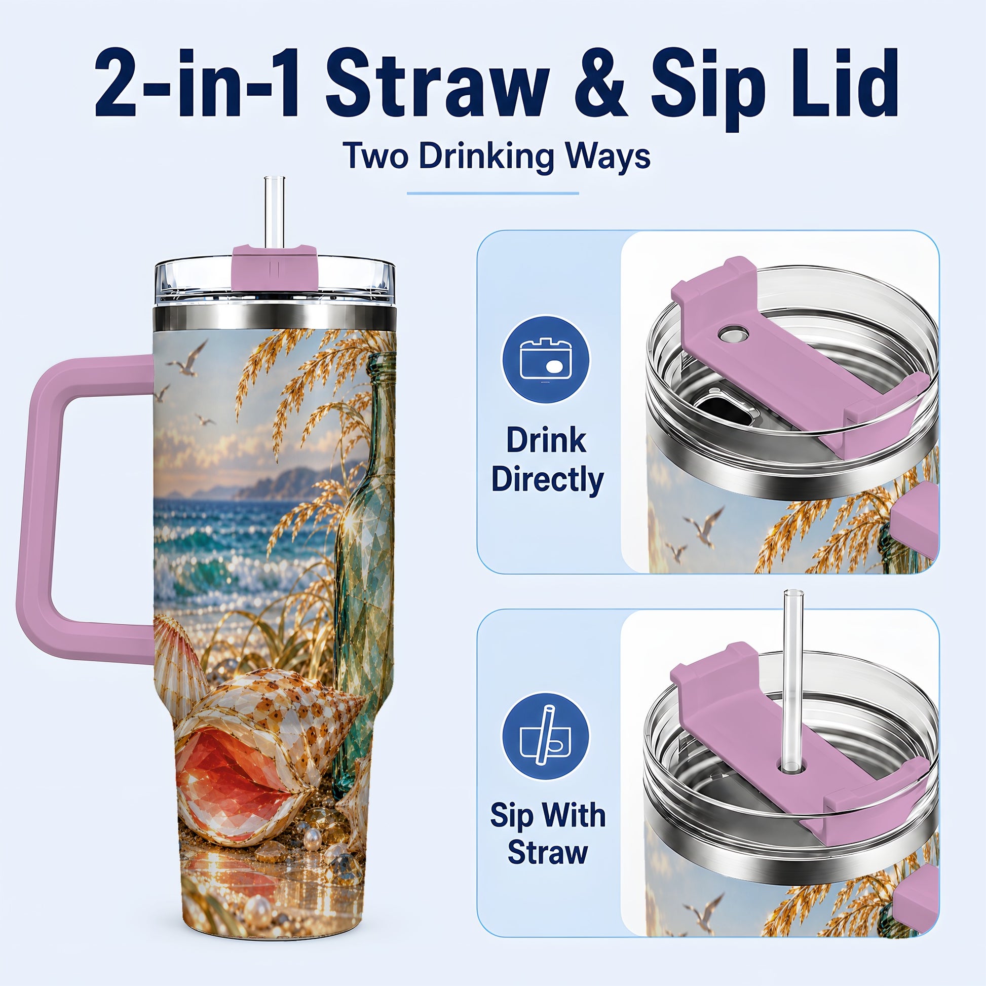 #pl[40oz|Pink] Gem Style Seashell 40oz Tumbler with Handle, Coastal Travel Cup