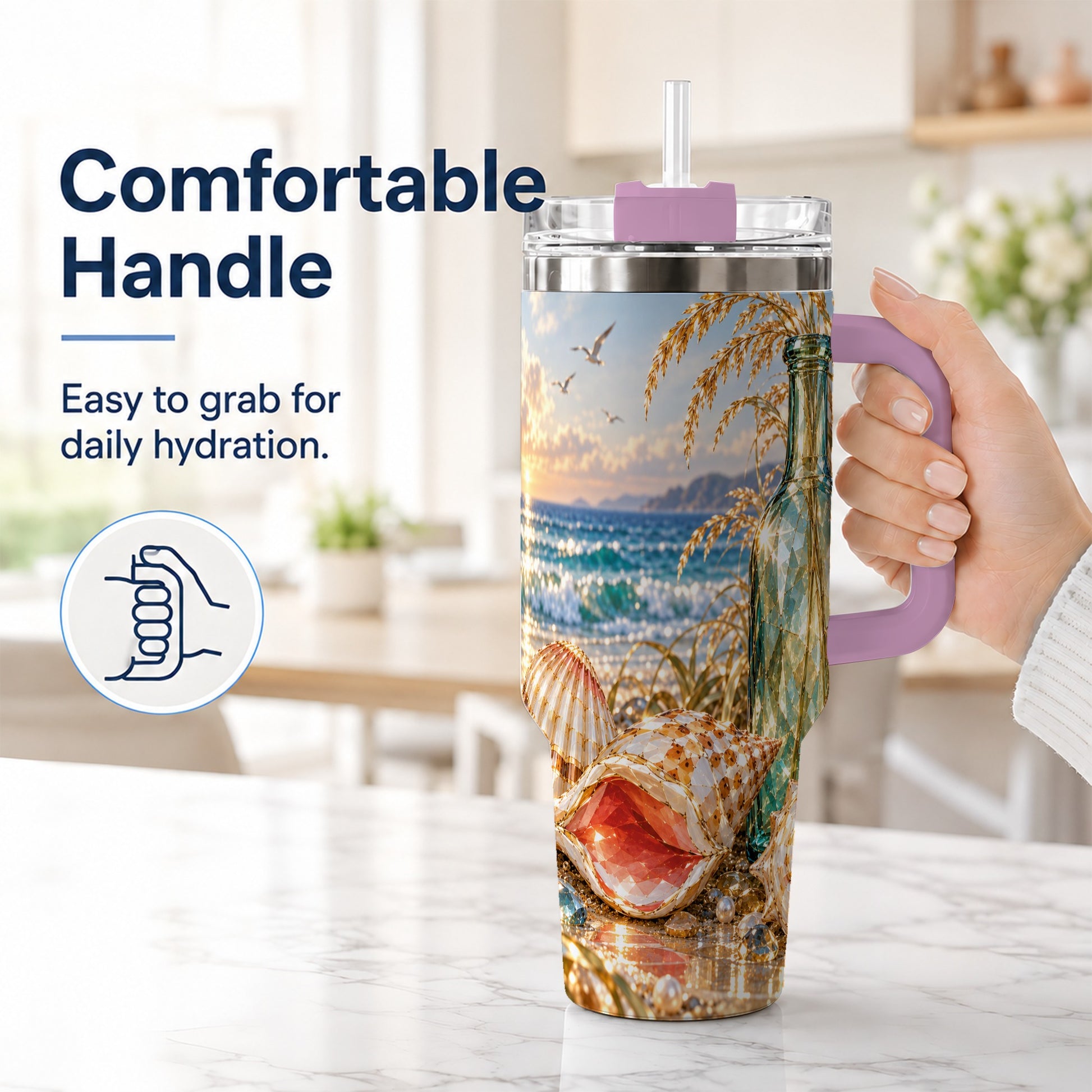 #pl[40oz|Pink] Gem Style Seashell 40oz Tumbler with Handle, Coastal Travel Cup