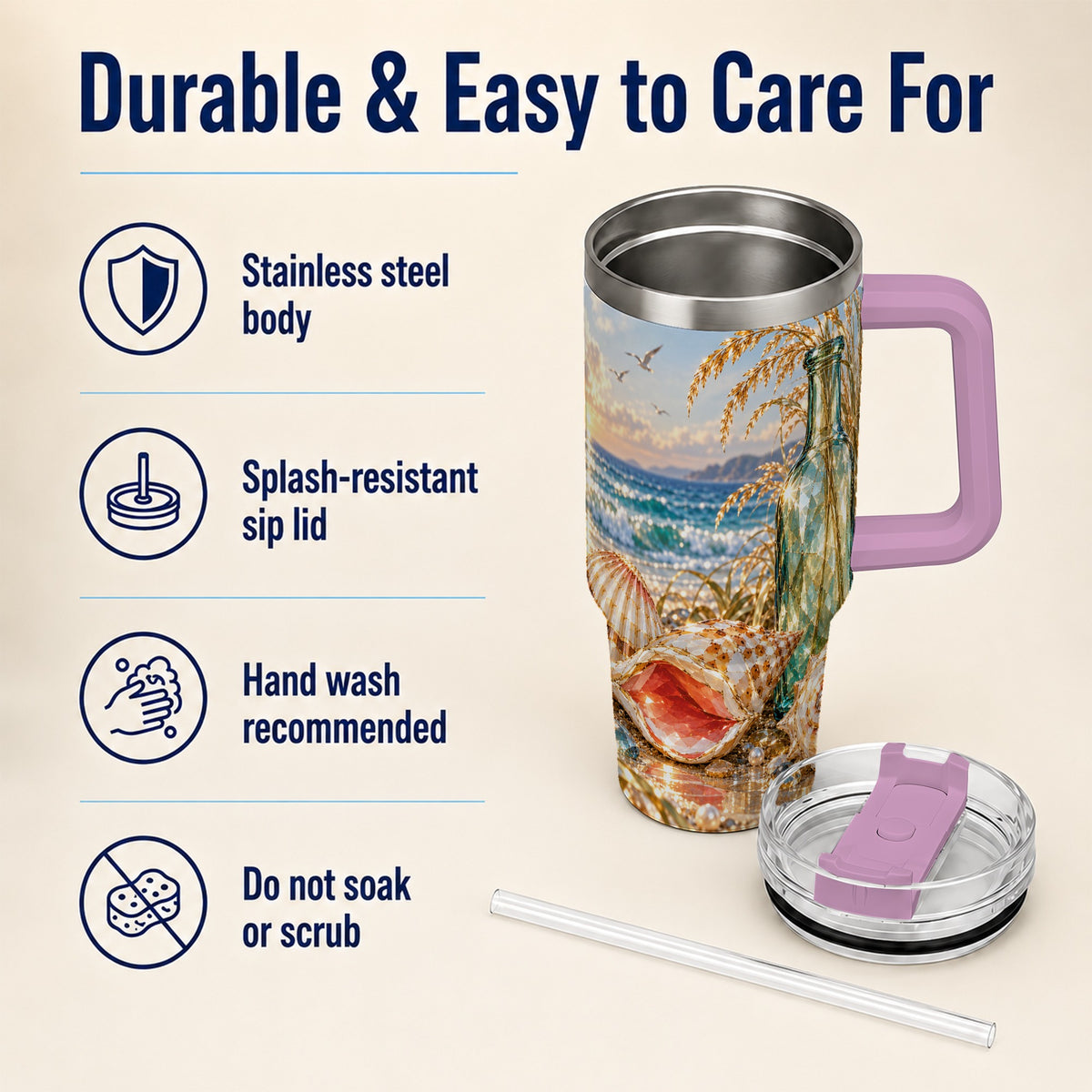 #pl[40oz|Pink] Gem Style Seashell 40oz Tumbler with Handle, Coastal Travel Cup
