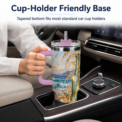 #pl[40oz|Pink] Gem Style Seashell 40oz Tumbler with Handle, Coastal Travel Cup