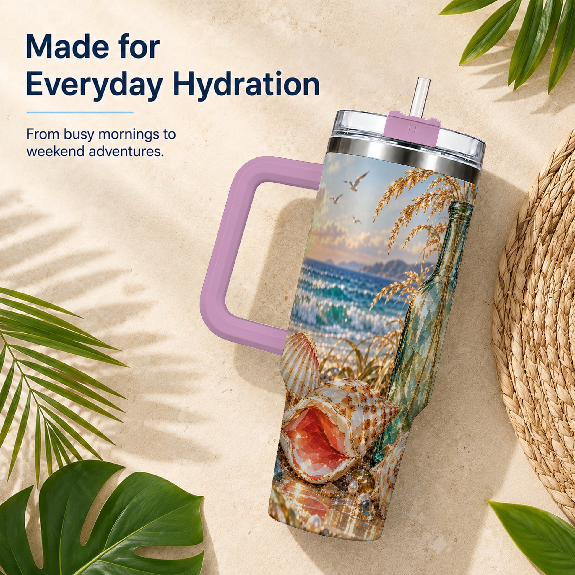 #pl[40oz|Pink] Gem Style Seashell 40oz Tumbler with Handle, Coastal Travel Cup