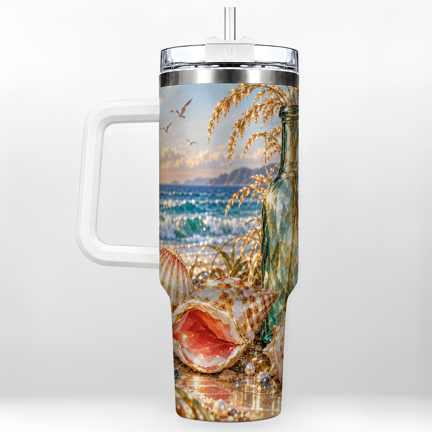 Gem Style Seashell 40oz Tumbler with Handle, Coastal Travel Cup