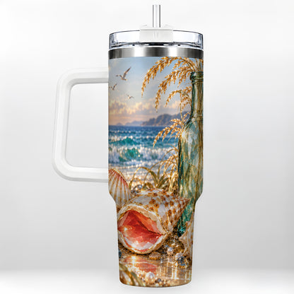 Gem Style Seashell 40oz Tumbler with Handle, Coastal Travel Cup