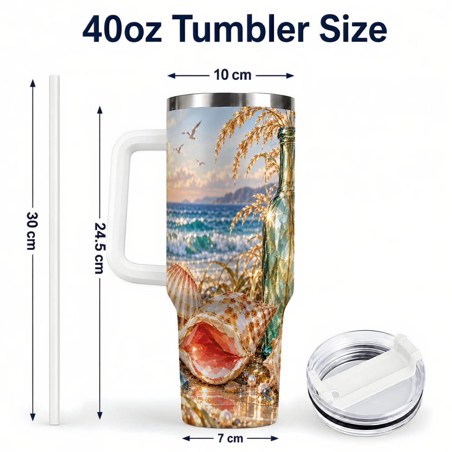 #pl[40oz|White] Gem Style Seashell 40oz Tumbler with Handle, Coastal Travel Cup
