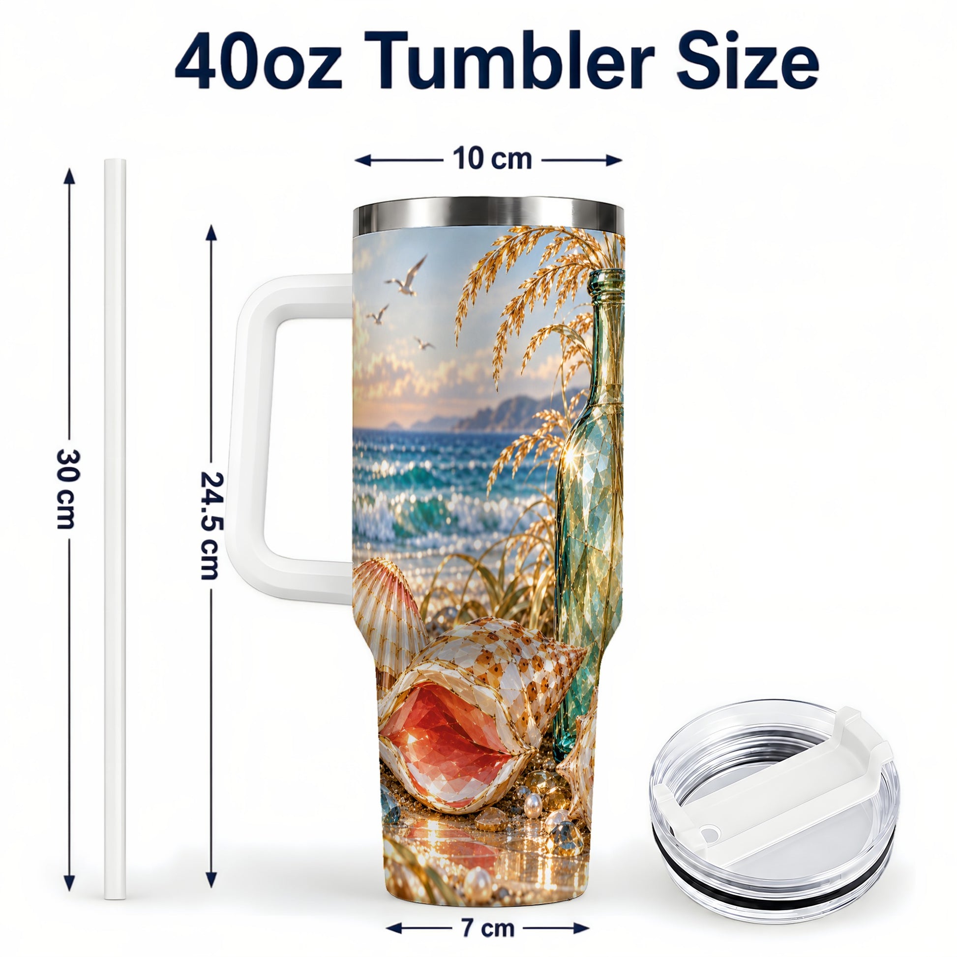 #pl[40oz|White] Gem Style Seashell 40oz Tumbler with Handle, Coastal Travel Cup