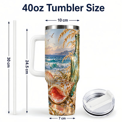 #pl[40oz|White] Gem Style Seashell 40oz Tumbler with Handle, Coastal Travel Cup
