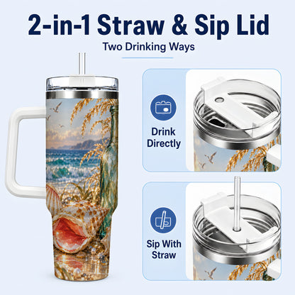 #pl[40oz|White] Gem Style Seashell 40oz Tumbler with Handle, Coastal Travel Cup