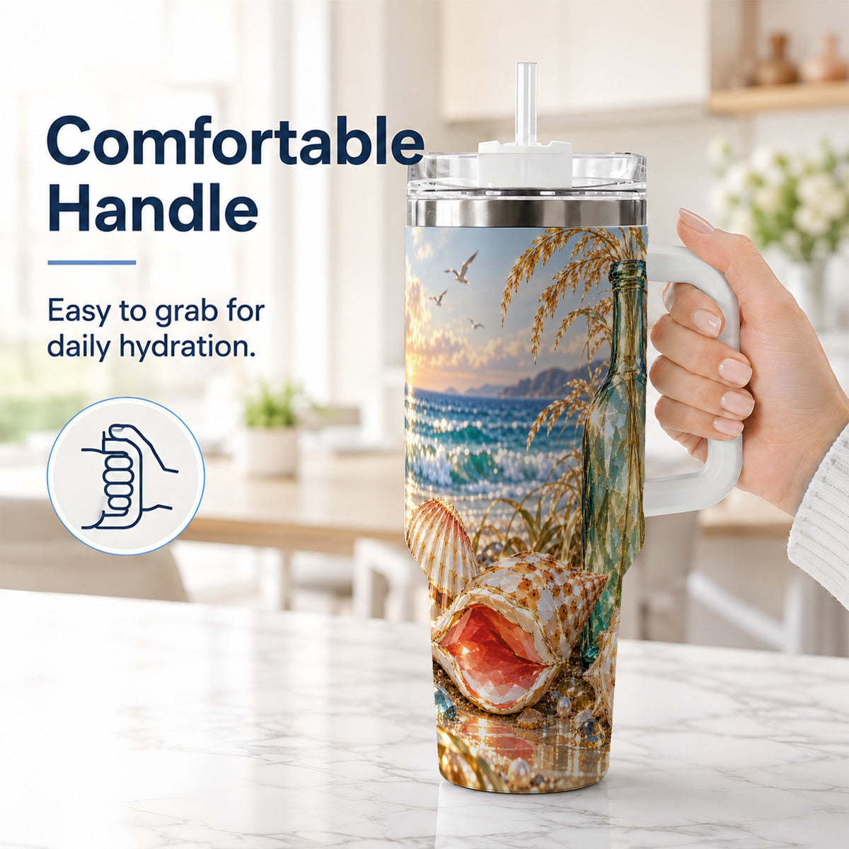 #pl[40oz|White] Gem Style Seashell 40oz Tumbler with Handle, Coastal Travel Cup