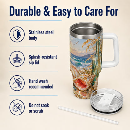 #pl[40oz|White] Gem Style Seashell 40oz Tumbler with Handle, Coastal Travel Cup