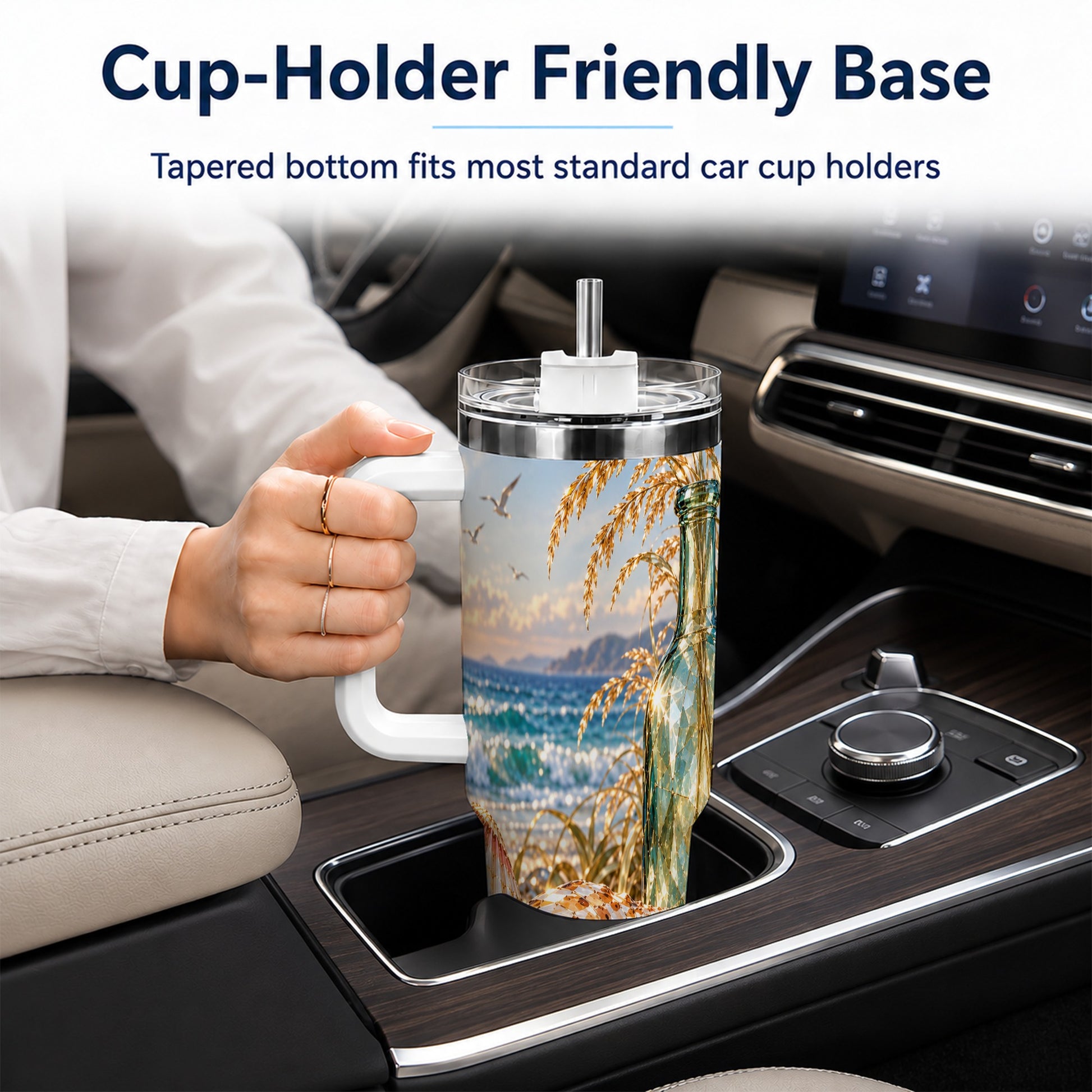 #pl[40oz|White] Gem Style Seashell 40oz Tumbler with Handle, Coastal Travel Cup