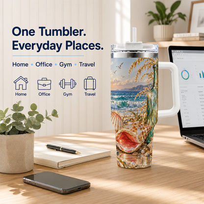 #pl[40oz|White] Gem Style Seashell 40oz Tumbler with Handle, Coastal Travel Cup