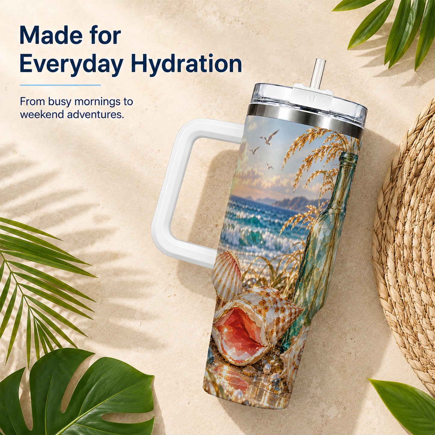 #pl[40oz|White] Gem Style Seashell 40oz Tumbler with Handle, Coastal Travel Cup