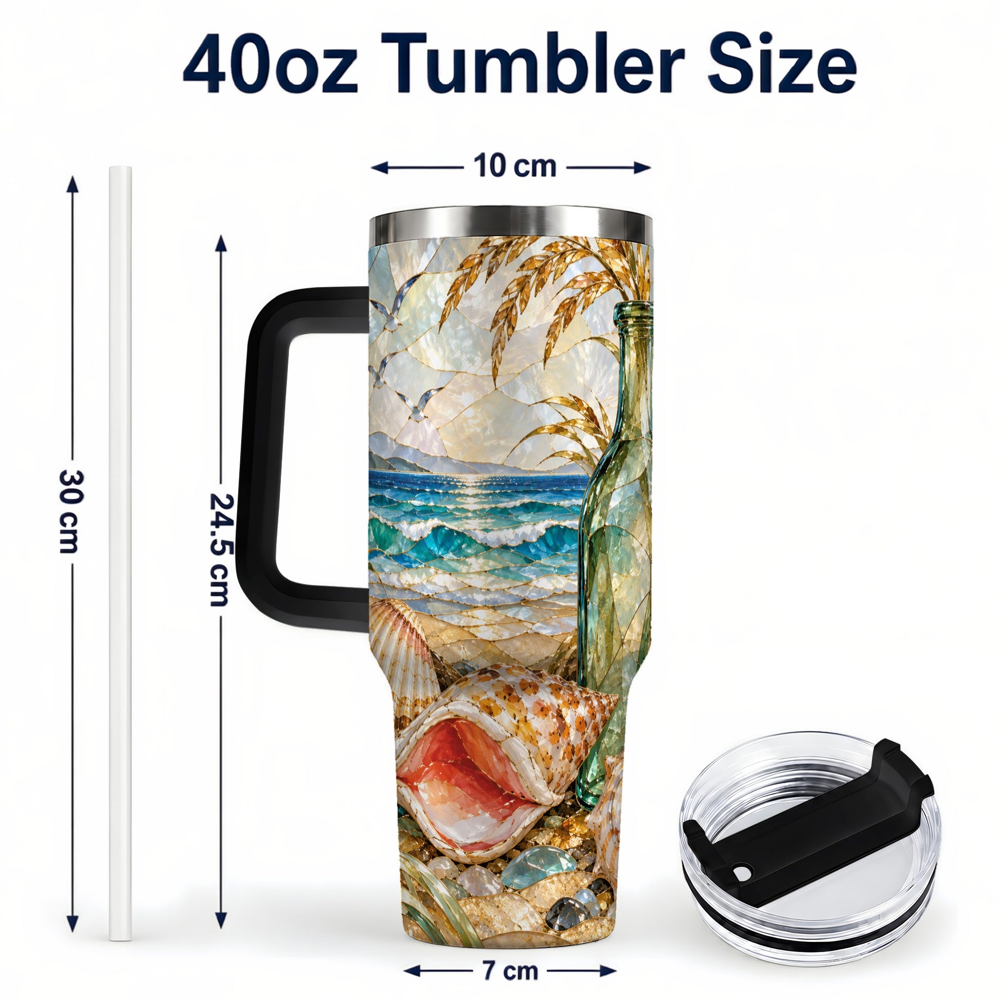 #pl[40oz|Black] Coastal Seashell 40oz Tumbler with Handle, Ocean Mosaic Travel Cup