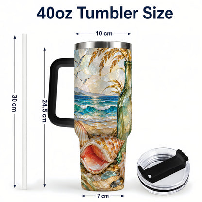 #pl[40oz|Black] Coastal Seashell 40oz Tumbler with Handle, Ocean Mosaic Travel Cup