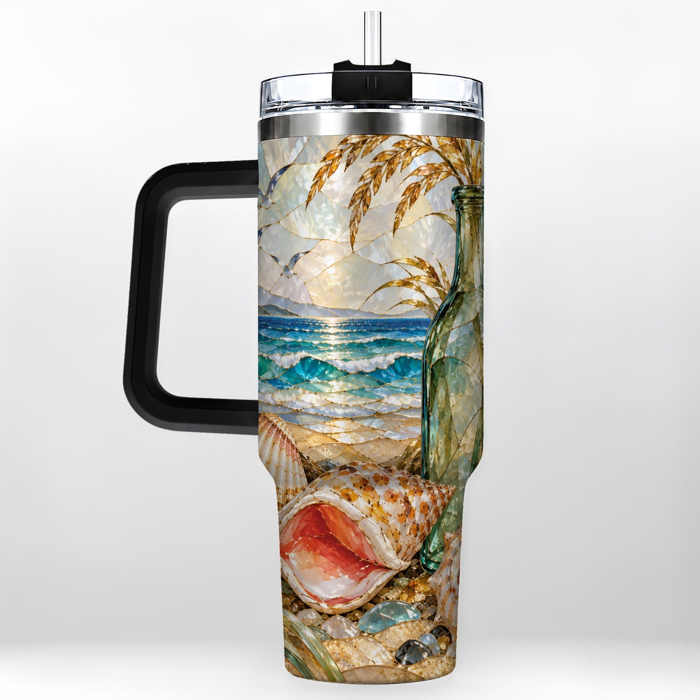 #pl[40oz|Black] Coastal Seashell 40oz Tumbler with Handle, Ocean Mosaic Travel Cup