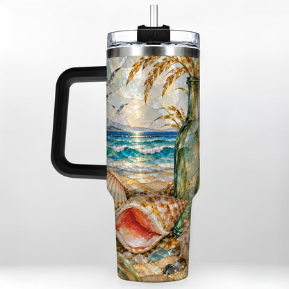 #pl[40oz|Black] Coastal Seashell 40oz Tumbler with Handle, Ocean Mosaic Travel Cup