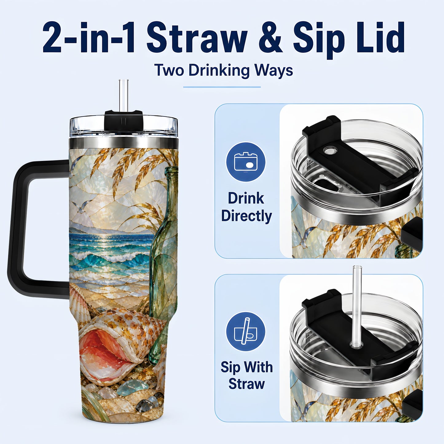 #pl[40oz|Black] Coastal Seashell 40oz Tumbler with Handle, Ocean Mosaic Travel Cup