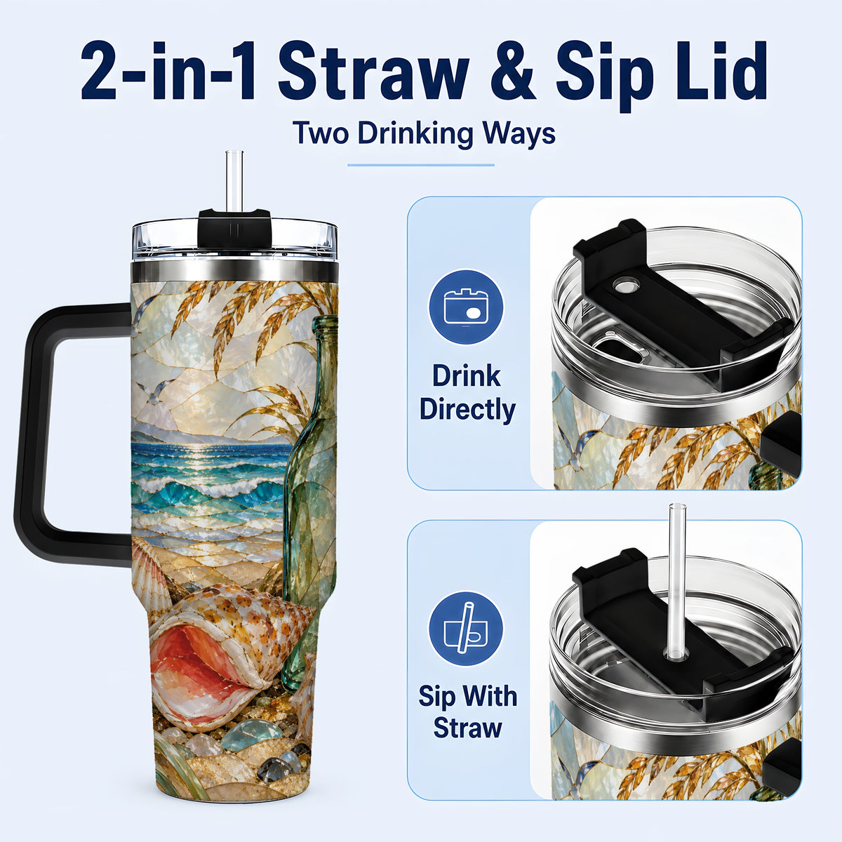 #pl[40oz|Black] Coastal Seashell 40oz Tumbler with Handle, Ocean Mosaic Travel Cup