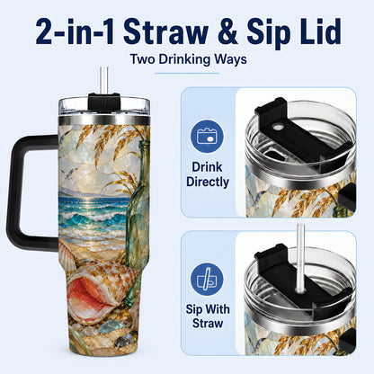#pl[40oz|Black] Coastal Seashell 40oz Tumbler with Handle, Ocean Mosaic Travel Cup