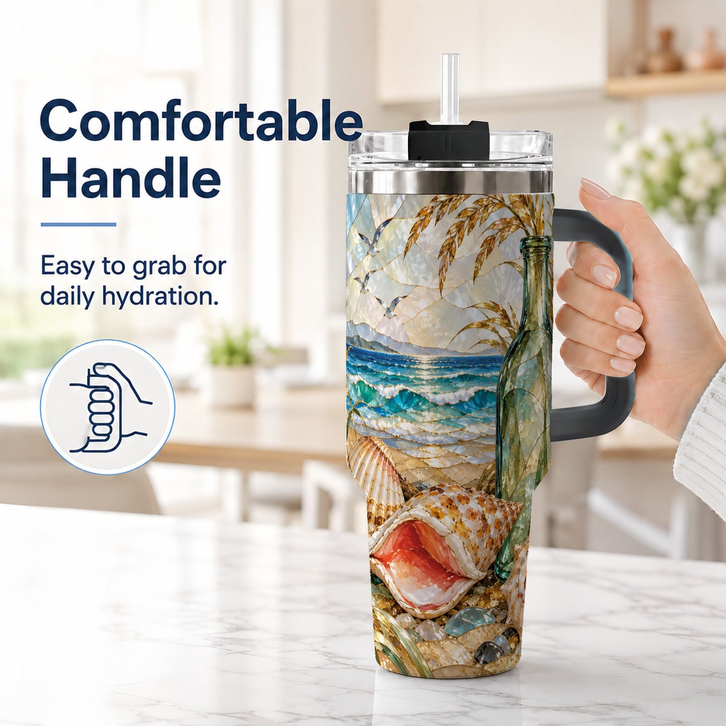 #pl[40oz|Black] Coastal Seashell 40oz Tumbler with Handle, Ocean Mosaic Travel Cup