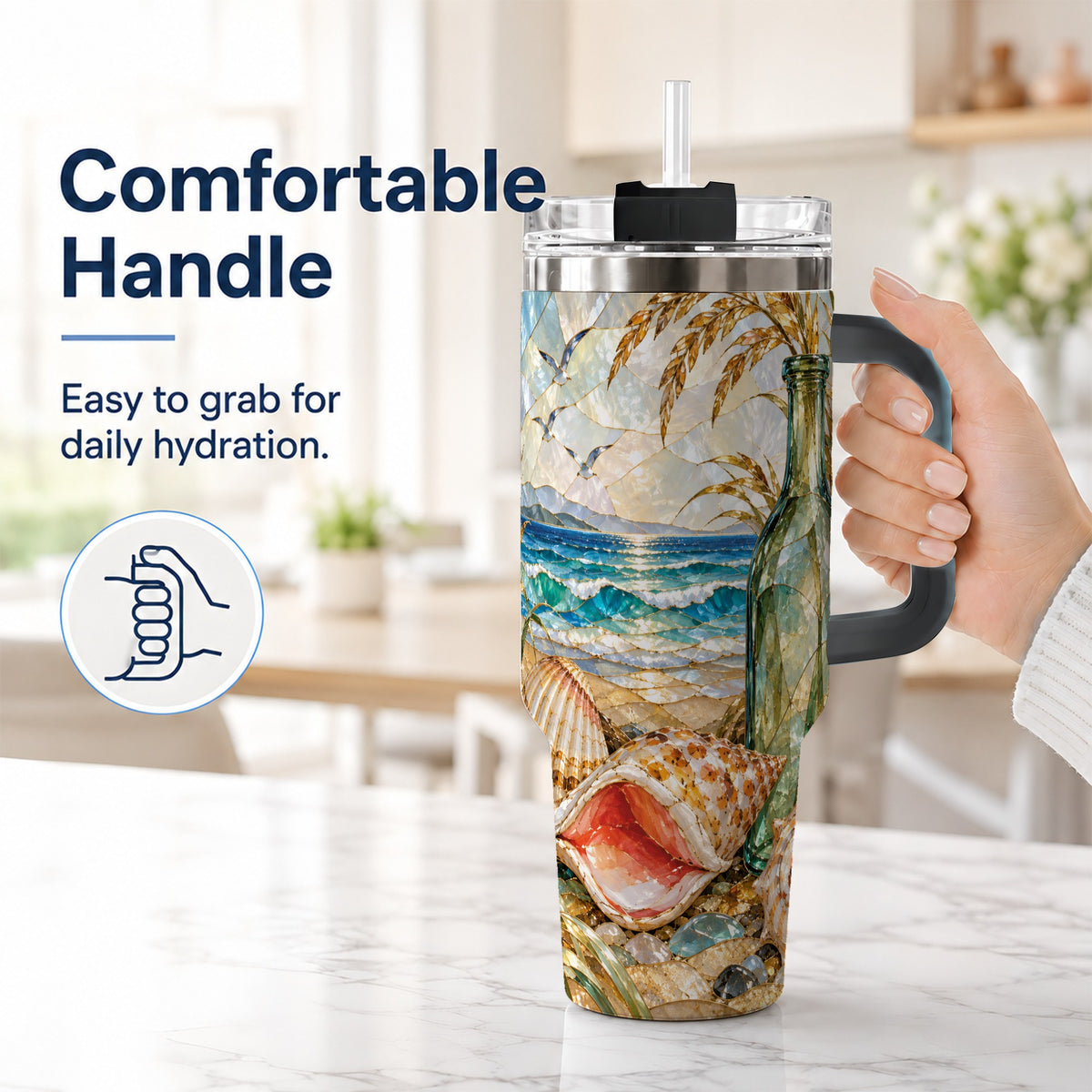 #pl[40oz|Black] Coastal Seashell 40oz Tumbler with Handle, Ocean Mosaic Travel Cup