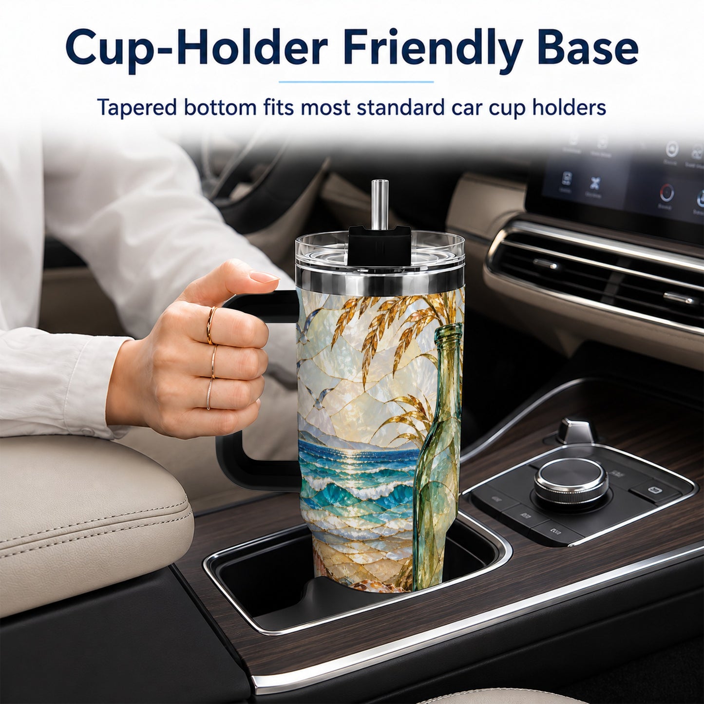 #pl[40oz|Black] Coastal Seashell 40oz Tumbler with Handle, Ocean Mosaic Travel Cup