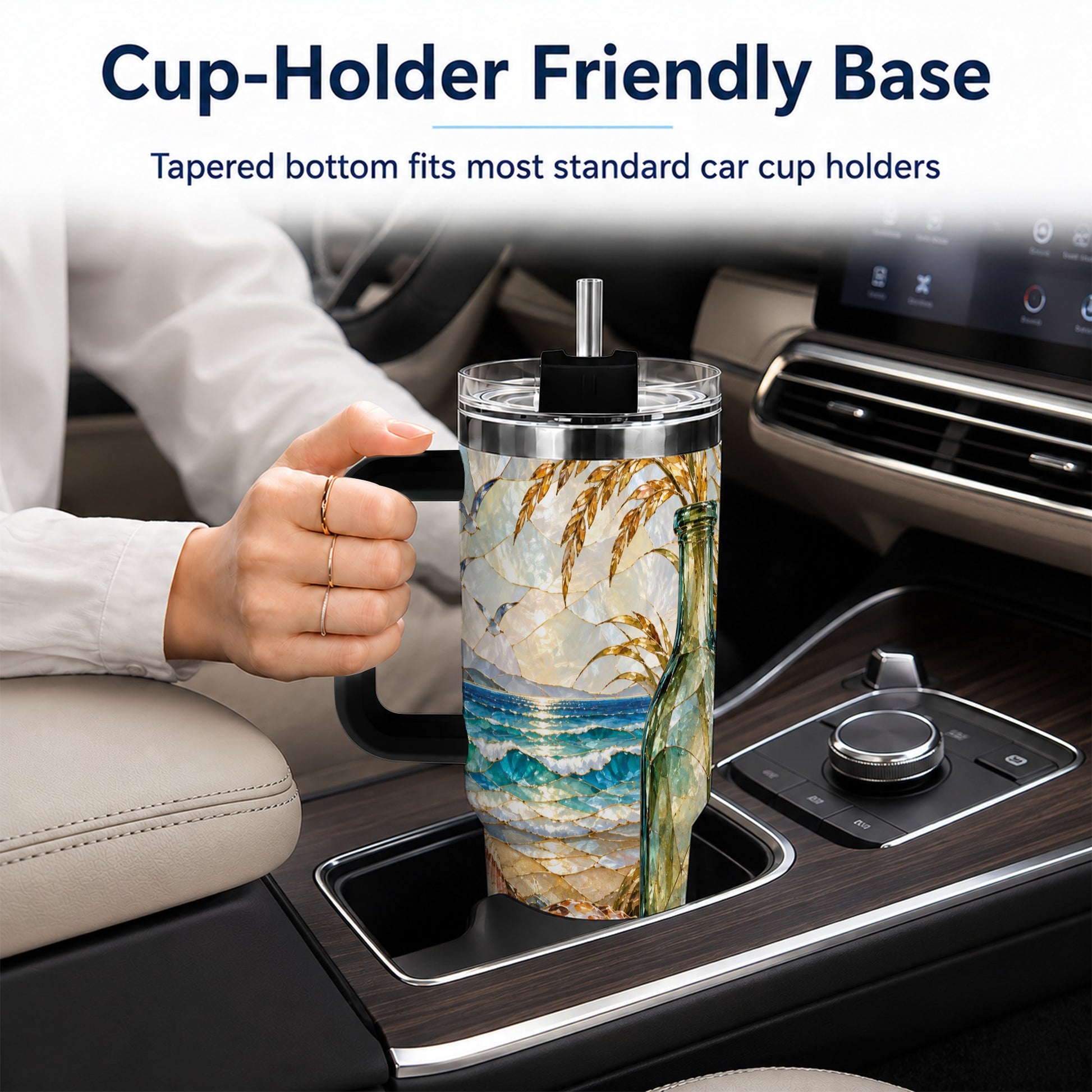 #pl[40oz|Black] Coastal Seashell 40oz Tumbler with Handle, Ocean Mosaic Travel Cup