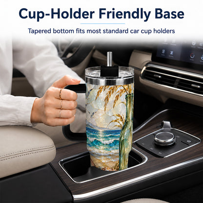 #pl[40oz|Black] Coastal Seashell 40oz Tumbler with Handle, Ocean Mosaic Travel Cup