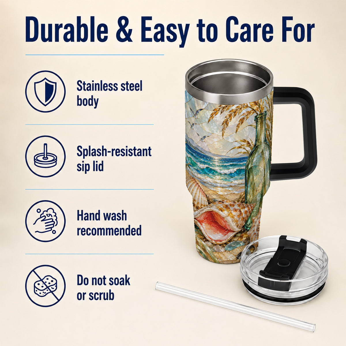 #pl[40oz|Black] Coastal Seashell 40oz Tumbler with Handle, Ocean Mosaic Travel Cup