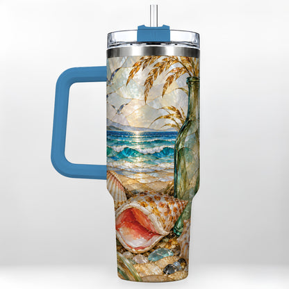 #pl[40oz|Blue] Coastal Seashell 40oz Tumbler with Handle, Ocean Mosaic Travel Cup