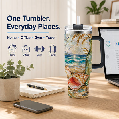 #pl[40oz|Black] Coastal Seashell 40oz Tumbler with Handle, Ocean Mosaic Travel Cup